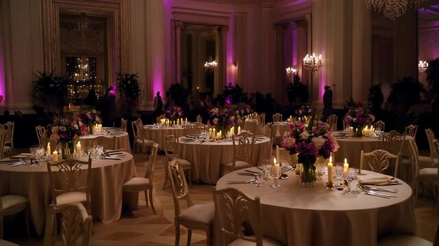 Elegant wedding reception venue with round tables,floral centerpieces,and warm candlelight displayed under soft purple uplighting creating a romantic atmosphere