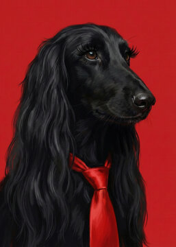 Elegant Black Dog Wearing a Red Tie against a Striking Red Background