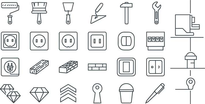 Construction tools electrical outlets and building materials outline icon set vector collection isolated on white background