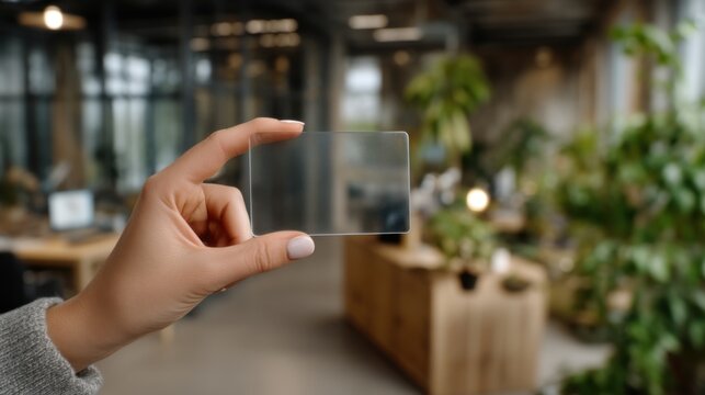 An open hand holding up a blank, transparent plastic business card in the foreground, with a modern office space and green plants blurred behind it.