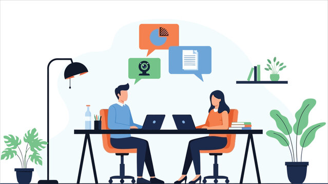  Hybrid work vector illustration featuring tiny characters working flexibly from office and home