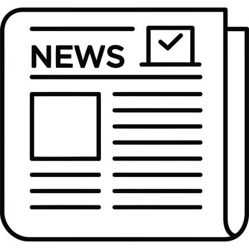 Minimalist Black and White Newspaper Icon with NEWS Headline and Checkmark for Verified Important News