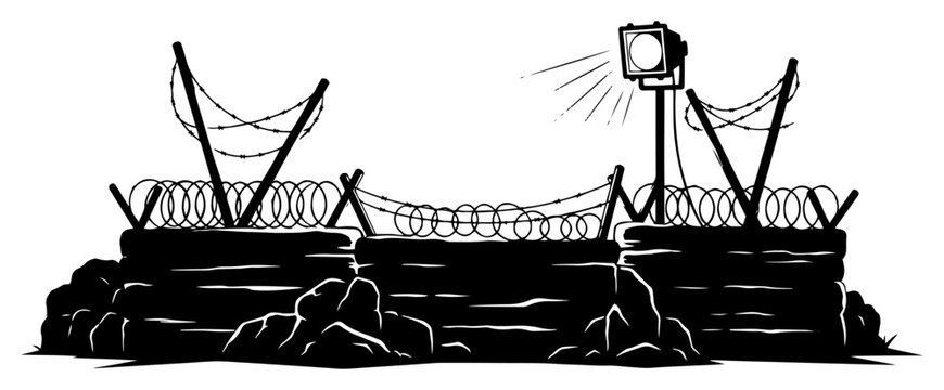 Military defensive border fortification with sandbags and barbed wire fence