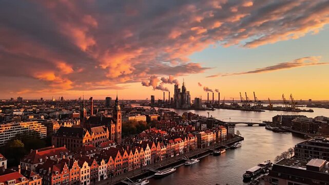 European city riverfront at dramatic sunset with industrial harbor
