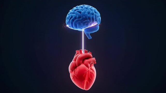 Floating blue brain above a red heart connected by a slender rod in a dark studio, science themed composition.