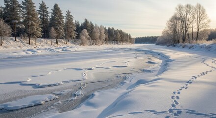 Naklejka premium A serene winter landscape with a frozen river, snow-covered trees, and a clear blue sky.
