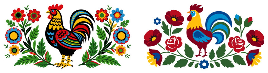 Polish folk art inspired roosters with beautiful floral compositions of roses and poppies © Katarzyna