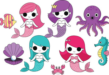 Obraz premium Cute Mermaid and Sea Creature Cartoon Vector Set with Dolphin, Octopus, Seahorse, Crab, Fish and Shell Characters for Kids Design