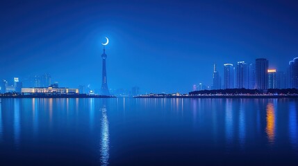 City Skyline with Skyscraper, Crescent Moon, and Calm Water Reflection
