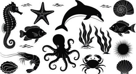Fototapeta premium PrintMarine Life Silhouette Vector Set Featuring Dolphin, Octopus, Seahorse, Crab, Fish, Starfish, Shells and Seaweed Isolated on White Background