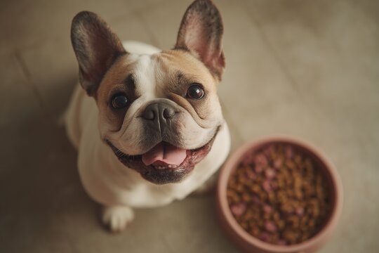 Happy French Bulldog with a bowl of food, ready to eat and enjoy mealtime