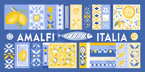 Amalfi Italy inspired tile pattern with lemons fish and floral motifs © Prodip