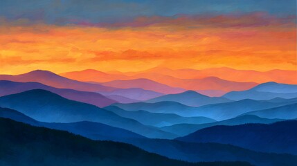 Obraz premium Vibrant Sunset Over Layered Blue Mountains Abstract Landscape.