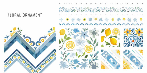 Watercolor floral ornament patterns with lemons leaves and blue flowers © Prodip