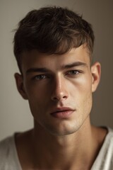 Fototapeta premium Close-up portrait of a young man with short hair and a beard, looking directly at the camera