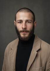 Obraz premium Portrait of a young man with a beard wearing a turtleneck and jacket, looking directly at the camera