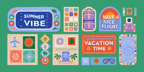 Colorful summer travel stickers and illustrations with vacation themes © Prodip