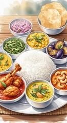 Plated assortment of diverse, colorful dishes arranged around a mound of steamed rice