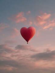 Fototapeta premium Red heart-shaped hot air balloon floating serenely in a pastel sky at sunset