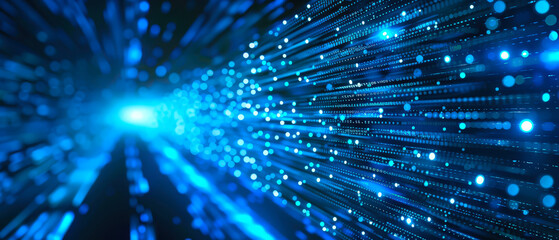 Fototapeta premium Abstract digital tunnel with glowing blue data particles and light streams, visualizing information flow, technology speed and futuristic network concept.