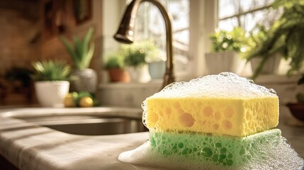 Yellow and green cleaning sponge resting on a kitchen counter with soap suds and bubbles, reflecting on the surface, with a blurred faucet, sink, and green plants in the background