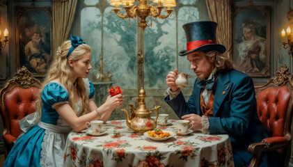 Fototapeta premium Alice and the Mad Hatter at the Table in Wonderland