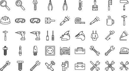 Obraz premium Hand tools and workshop equipment outline icon set repair maintenance vector collection isolated on white background