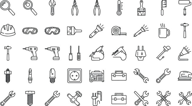 Hand tools and workshop equipment outline icon set repair maintenance vector collection isolated on white background