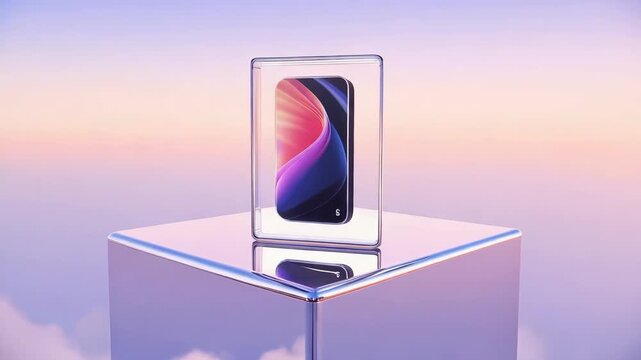 Modern smartphone presentation in clear box on mirrored cube platform against pastel sky backdrop for tech product advertising