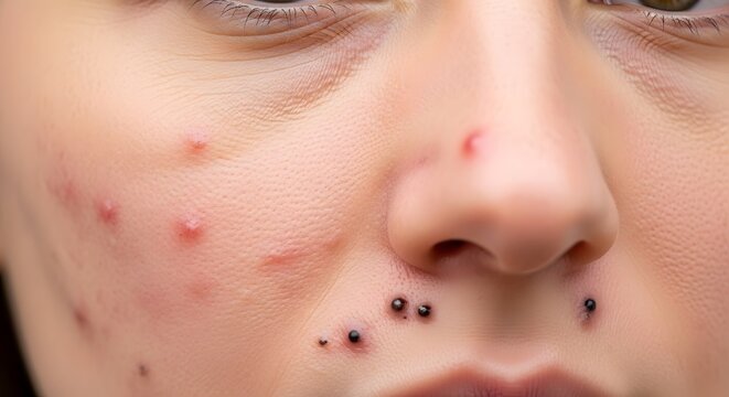 A close-up of a person's face with acne and piercings on their cheeks and nose