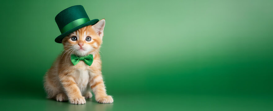 Cute cat with green hat and costume celebrating Saint Patrick's Day on vibrant gradient banner. Realistic photograph Saint Patrick day card with adorable kitten. Space for Copy. Generative AI