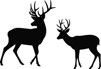 Obraz premium Two deer silhouette illustration, stag and buck wildlife animal, black forest nature art, minimal design isolated on white background