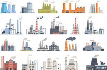 Obraz premium Industrial factories and power plants flat vector illustration set featuring refineries, chimneys, pipelines, and heavy manufacturing buildings collection