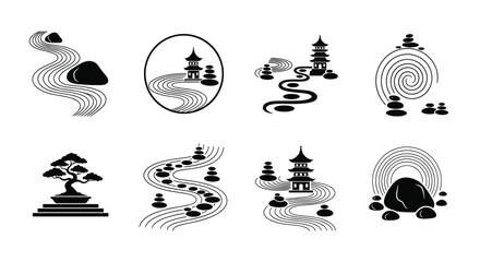 Minimalist Zen Garden Icon Set, Black and White Japanese Rock Garden Vector Illustrations, Pagoda Bonsai and Stone Path Aesthetic Icons