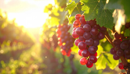 Bunch of red grapes hanging on vine in vineyard with sunlight