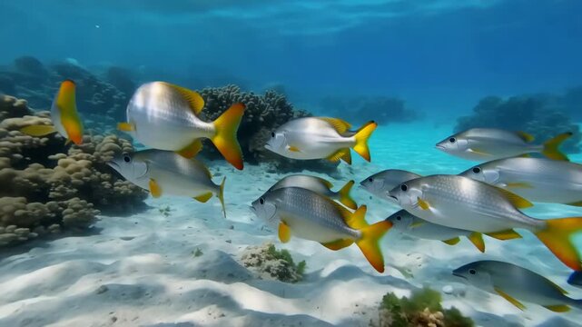 School of silver and gold fish swimming gracefully through clear tropical water near coral reefs creating a vibrant underwater scene