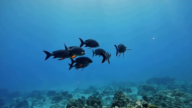 School of reef triggerfish swimming effortlessly in their natural habitat with clear blue sea water and beautiful coral reefs below them
