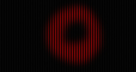 Bright red glowing circle with vertical stripes on black background creating dramatic visual effect with contrasting colors and vibrant red glow. © Basit