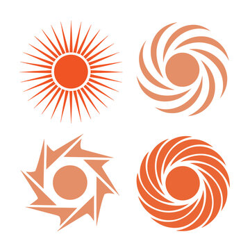 Four abstract orange sun and spiral on white background pattern