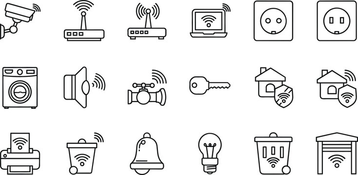 Smart home wireless devices and security outline icon set modern IoT technology vector collection isolated
