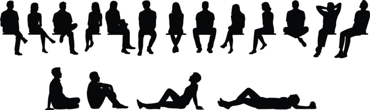 Silhouette people sitting and relaxing poses, human figures collection, black shadow men and women, isolated on white background
