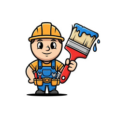 Fototapeta premium Cartoon Painter Character Holding Paintbrush with Blue Paint