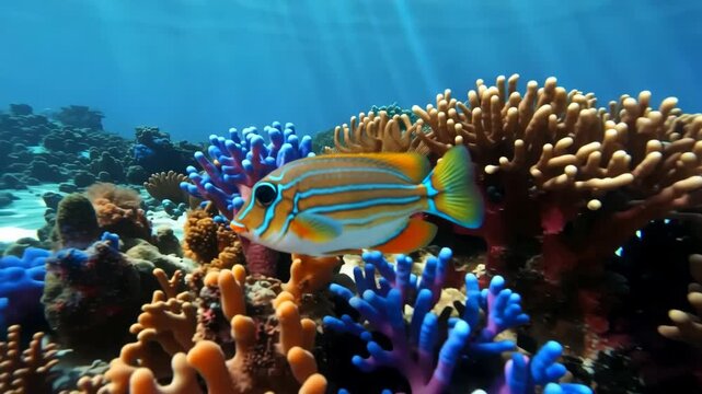Stripped surgeonfish swimming in a vibrant coral reef ecosystem with sun rays piercing through the water in the ocean