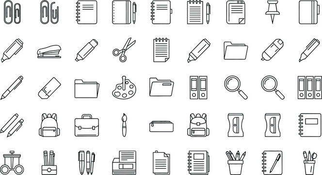 Office and school supplies outline icon set stationery equipment vector collection isolated on white background