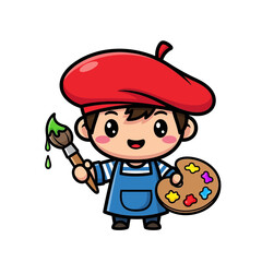 Obraz premium Cute Cartoon Artist Child Holding Paintbrush and Palette