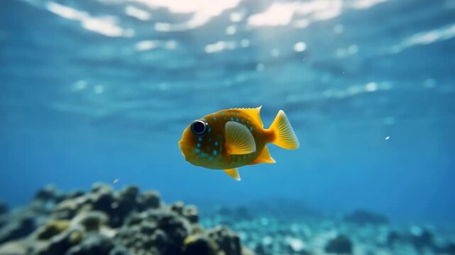Swimming yellow boxfish with blue spots in clear tropical waters over coral reefs exotic marine life