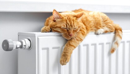 Ginger cat rests on a white radiator with vertical ribs, paws dangling, eyes closed, bathed in sunlight