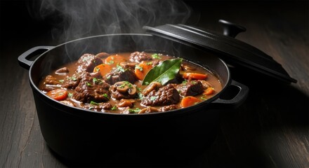 Fototapeta premium Hearty steaming beef stew with tender meat carrots mushrooms and bay leaves in a black pot on a wooden table