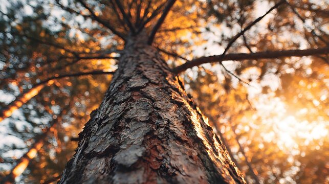 Looking up at a tall pine tree with the sun shining through its branches.