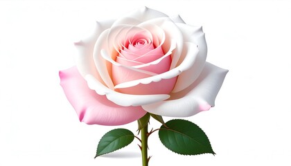 A delicate rose with white petals and soft pink center, isolated against a white background